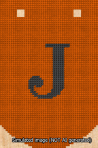 A simulated image of the stitched needlepoint design: Banner 13m Curved J Black on Orange. Not A.I. generated.