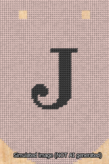 A simulated image of the stitched needlepoint design: Banner 13m Curved J Black on Pink. Not A.I. generated.