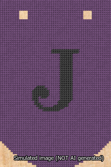 A simulated image of the stitched needlepoint design: Banner 13m Curved J Black on Purple. Not A.I. generated.