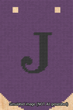 A simulated image of the stitched needlepoint design: Banner 13m Curved J Black on Purple. Not A.I. generated.