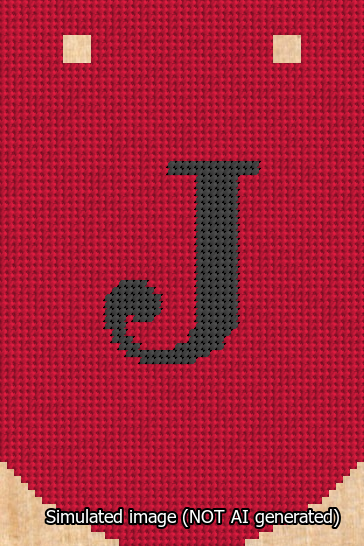 A simulated image of the stitched needlepoint design: Banner 13m Curved J Black on Red. Not A.I. generated.