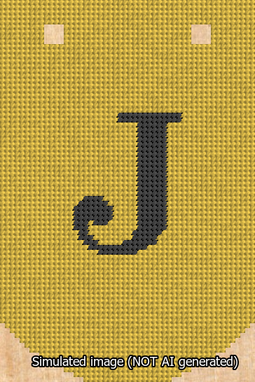 A simulated image of the stitched needlepoint design: Banner 13m Curved J Black on Yellow. Not A.I. generated.