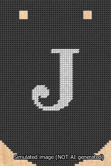 A simulated image of the stitched needlepoint design: Banner 13m Curved J White on Black. Not A.I. generated.