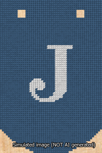 A simulated image of the stitched needlepoint design: Banner 13m Curved J White on Blue. Not A.I. generated.
