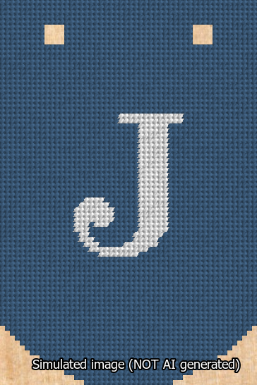 A simulated image of the stitched needlepoint design: Banner 13m Curved J White on Blue. Not A.I. generated.