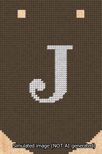 A simulated image of the stitched needlepoint design: Banner 13m Curved J White on Brown. Not A.I. generated.