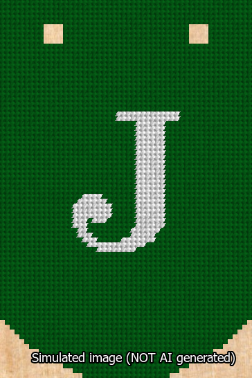 A simulated image of the stitched needlepoint design: Banner 13m Curved J White on Green. Not A.I. generated.