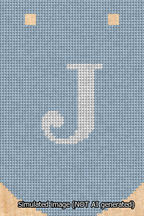 A simulated image of the stitched needlepoint design: Banner 13m Curved J White on Light Blue. Not A.I. generated.