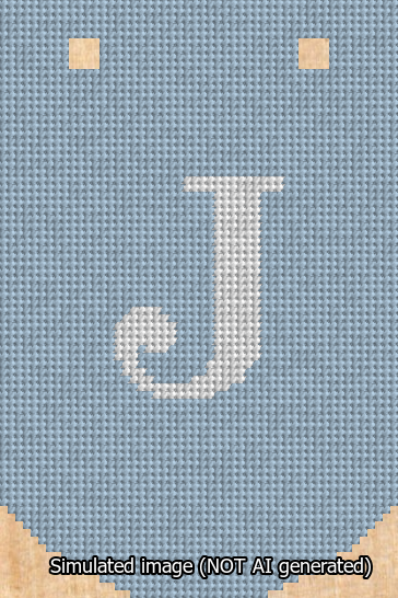 A simulated image of the stitched needlepoint design: Banner 13m Curved J White on Light Blue. Not A.I. generated.