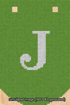 A simulated image of the stitched needlepoint design: Banner 13m Curved J White on Light Green. Not A.I. generated.