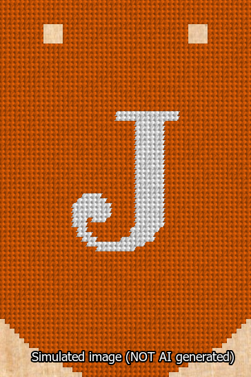 A simulated image of the stitched needlepoint design: Banner 13m Curved J White on Orange. Not A.I. generated.