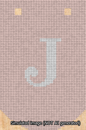 A simulated image of the stitched needlepoint design: Banner 13m Curved J White on Pink. Not A.I. generated.