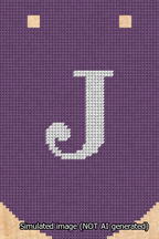 A simulated image of the stitched needlepoint design: Banner 13m Curved J White on Purple. Not A.I. generated.