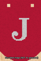 A simulated image of the stitched needlepoint design: Banner 13m Curved J White on Red. Not A.I. generated.