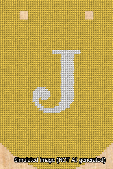 A simulated image of the stitched needlepoint design: Banner 13m Curved J White on Yellow. Not A.I. generated.
