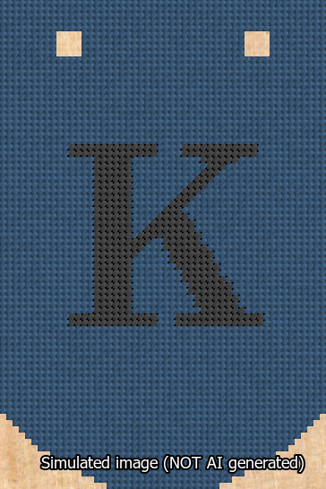 A simulated image of the stitched needlepoint design: Banner 13m Curved K Black on Blue. Not A.I. generated.