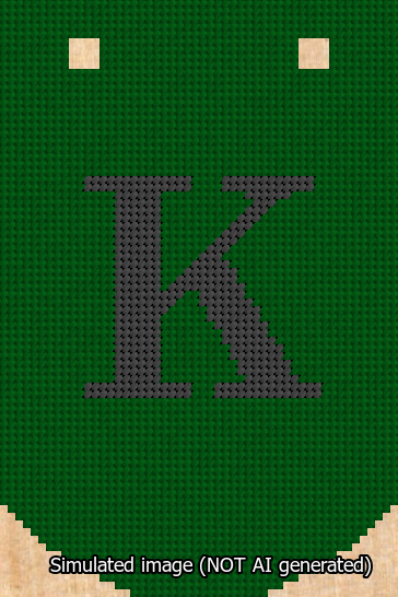 A simulated image of the stitched needlepoint design: Banner 13m Curved K Black on Green. Not A.I. generated.