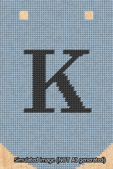A simulated image of the stitched needlepoint design: Banner 13m Curved K Black on Light Blue. Not A.I. generated.