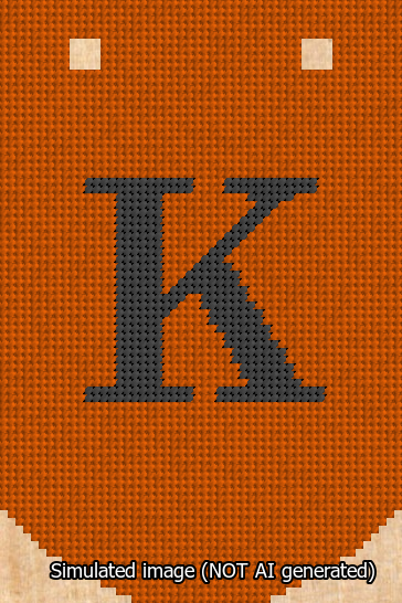 A simulated image of the stitched needlepoint design: Banner 13m Curved K Black on Orange. Not A.I. generated.