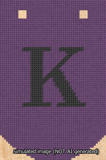 A simulated image of the stitched needlepoint design: Banner 13m Curved K Black on Purple. Not A.I. generated.