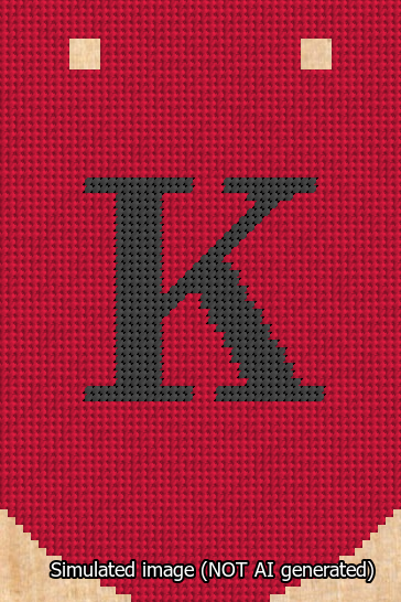 A simulated image of the stitched needlepoint design: Banner 13m Curved K Black on Red. Not A.I. generated.