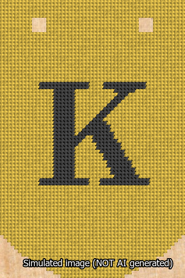 A simulated image of the stitched needlepoint design: Banner 13m Curved K Black on Yellow. Not A.I. generated.