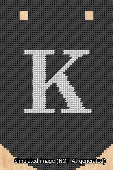 A simulated image of the stitched needlepoint design: Banner 13m Curved K White on Black. Not A.I. generated.