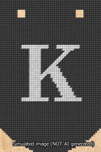 A simulated image of the stitched needlepoint design: Banner 13m Curved K White on Black. Not A.I. generated.