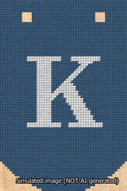 A simulated image of the stitched needlepoint design: Banner 13m Curved K White on Blue. Not A.I. generated.