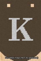 A simulated image of the stitched needlepoint design: Banner 13m Curved K White on Brown. Not A.I. generated.
