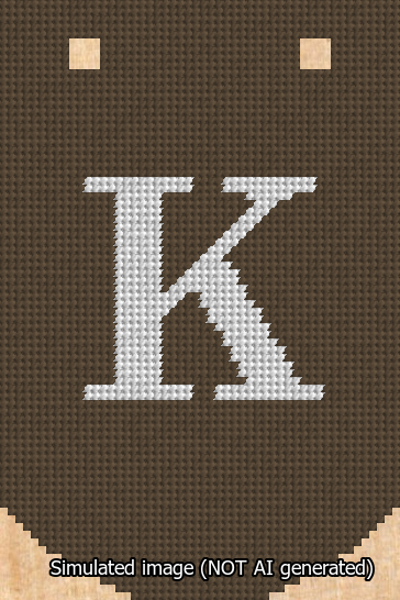 A simulated image of the stitched needlepoint design: Banner 13m Curved K White on Brown. Not A.I. generated.