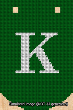 A simulated image of the stitched needlepoint design: Banner 13m Curved K White on Green. Not A.I. generated.