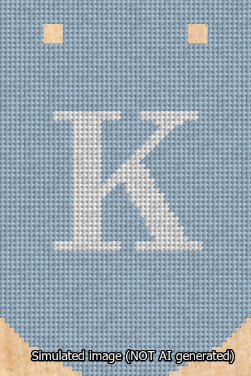 A simulated image of the stitched needlepoint design: Banner 13m Curved K White on Light Blue. Not A.I. generated.