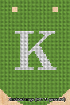 A simulated image of the stitched needlepoint design: Banner 13m Curved K White on Light Green. Not A.I. generated.
