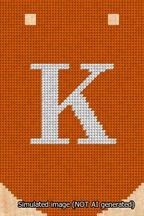 A simulated image of the stitched needlepoint design: Banner 13m Curved K White on Orange. Not A.I. generated.