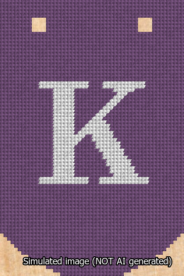 A simulated image of the stitched needlepoint design: Banner 13m Curved K White on Purple. Not A.I. generated.