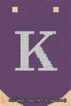 A simulated image of the stitched needlepoint design: Banner 13m Curved K White on Purple. Not A.I. generated.