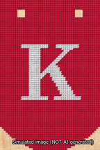 A simulated image of the stitched needlepoint design: Banner 13m Curved K White on Red. Not A.I. generated.