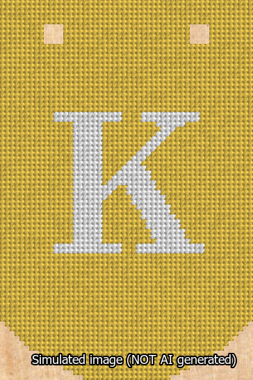 A simulated image of the stitched needlepoint design: Banner 13m Curved K White on Yellow. Not A.I. generated.