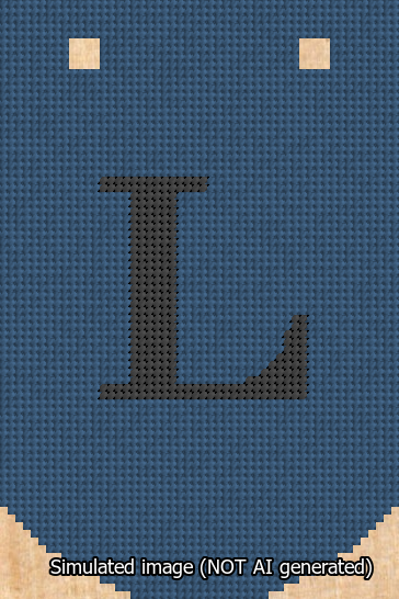 A simulated image of the stitched needlepoint design: Banner 13m Curved L Black on Blue. Not A.I. generated.