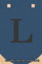 A simulated image of the stitched needlepoint design: Banner 13m Curved L Black on Blue. Not A.I. generated.