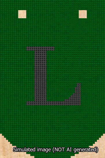 A simulated image of the stitched needlepoint design: Banner 13m Curved L Black on Green. Not A.I. generated.