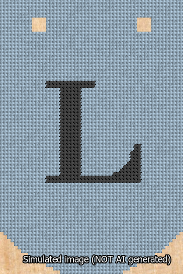A simulated image of the stitched needlepoint design: Banner 13m Curved L Black on Light Blue. Not A.I. generated.