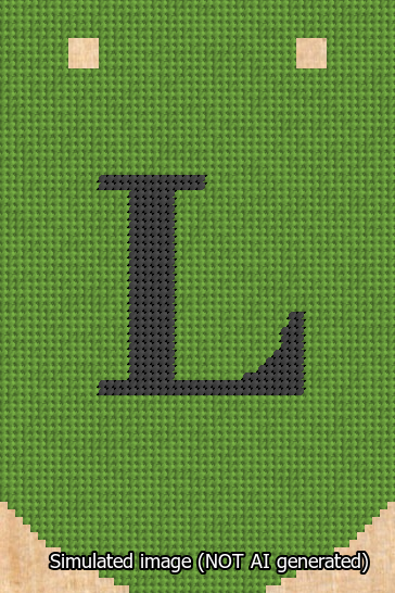 A simulated image of the stitched needlepoint design: Banner 13m Curved L Black on Light Green. Not A.I. generated.
