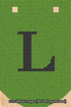 A simulated image of the stitched needlepoint design: Banner 13m Curved L Black on Light Green. Not A.I. generated.