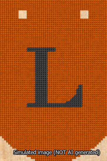 A simulated image of the stitched needlepoint design: Banner 13m Curved L Black on Orange. Not A.I. generated.