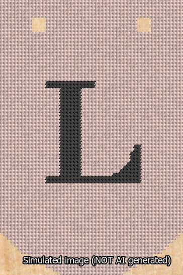 A simulated image of the stitched needlepoint design: Banner 13m Curved L Black on Pink. Not A.I. generated.
