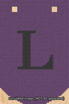 A simulated image of the stitched needlepoint design: Banner 13m Curved L Black on Purple. Not A.I. generated.