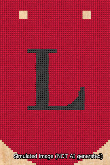 A simulated image of the stitched needlepoint design: Banner 13m Curved L Black on Red. Not A.I. generated.