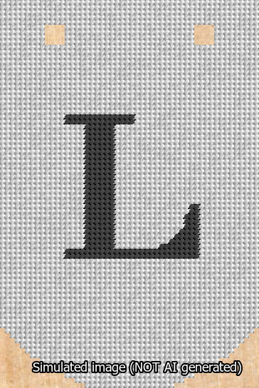 A simulated image of the stitched needlepoint design: Banner 13m Curved L Black on White. Not A.I. generated.